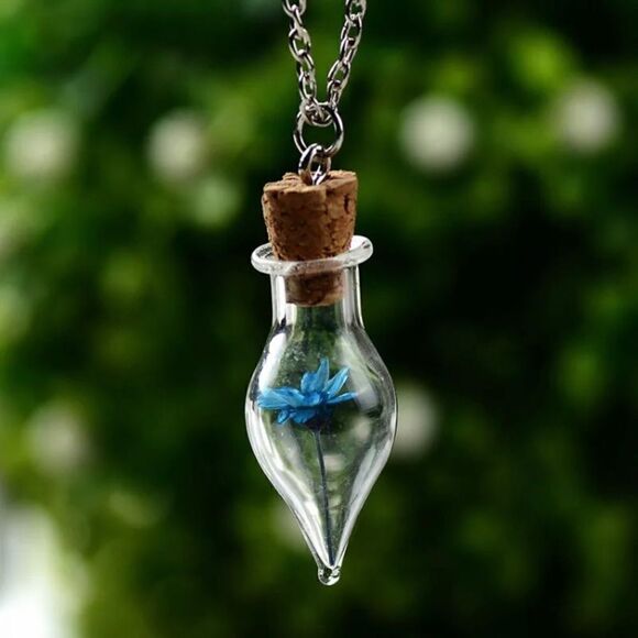 𝅺BLUE Dried Flower Glass Bottle Necklace - Picture 1 of 7